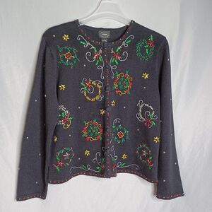 Designers Studio Originals Sweater Womens Large Black Christmas Cardigan Holiday